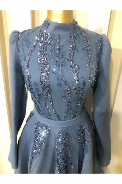 Baby Blue Stars Women's Breast Sequin Printed Waist Belted Pleated Tulle Hijab Evening Dresses  