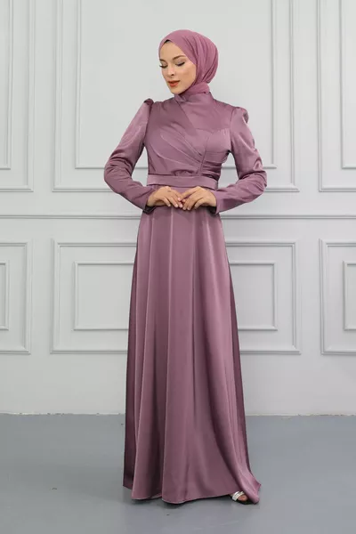 Robe de soirée hijab en satin détaillé à col juge lilas