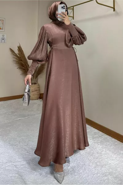 WOMEN'S PINK (ROSE) BALLOON SLEEVE EVENING DRESS T 