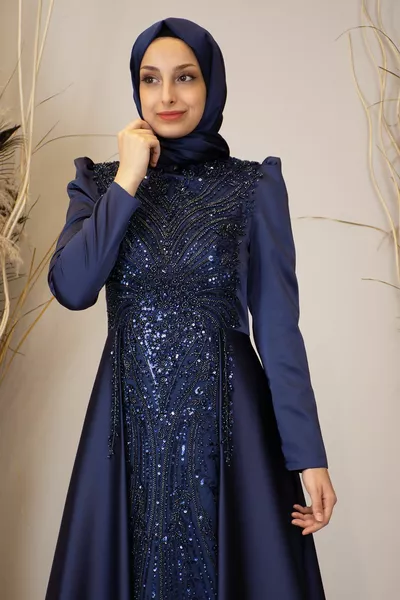 Tailed Drop Hijab Abendkleid Marineblau