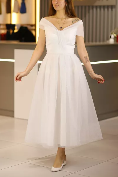 Weiß Midi Länge Alles Glitzer Tüll Abendkleider Hochzeit Hochzeit Verlobung Henna Kleid Brautkleid