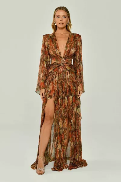 Patterned Glitter Chiffon Dress with Open Waist Buckle on the Sides