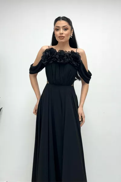 Шифон плат шнур и роза подробни макси рокля - ЧЕРНО