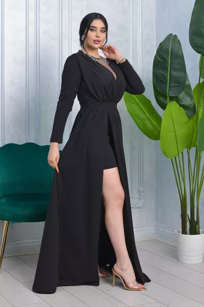 تصميم كريب السكوبا تنورة داخلية شق قصير فستان طويل مساء اللباس