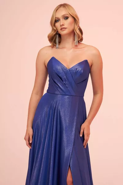 Saks Foil Bolerolu Yırtmaçlı Uzun Abiye Elbise