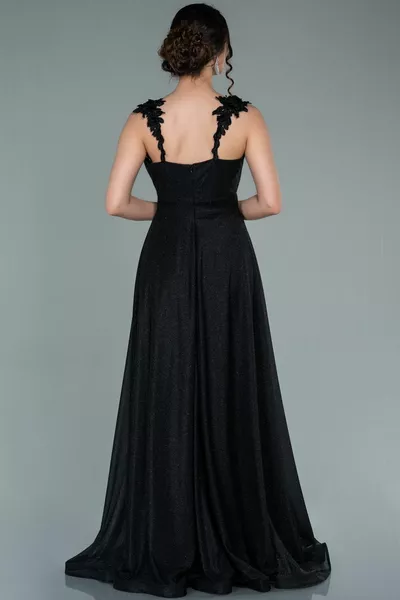 Black Leg Low-Cut Glitter Long Evening Dress 