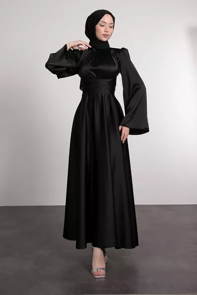 Robe de soirée hijab en satin cache-cœur à manches espagnoles