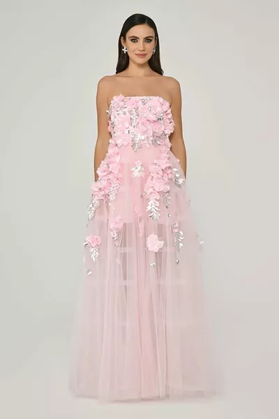 Alpha Beta 3D Цветочные Аксессуары Без бретелек Розовые Женские Тюлевые Вечерние Платья 