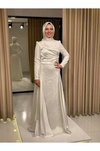 Damen Drapiertes Glitzer Bedrucktes Cape Neue Saison Hijab Abendkleid mit weißem Stern  