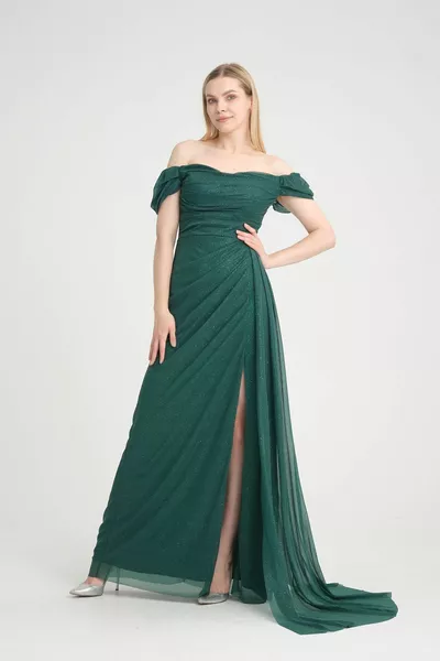 Dames Avondjurk Boothalslijn Gedrapeerde Split Gedetailleerd Lange glitterjurk / Smaragdgroen