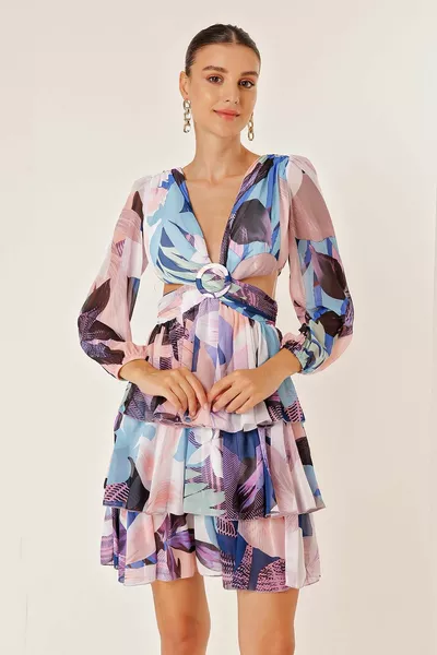 الجبهة الخلفية الخامس الرقبة الخصر منخفضة قطع اصطف الأزهار الطبقات الشيفون طويل اللباس مسحوق