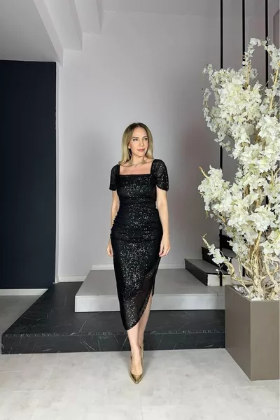  Drapiertes Paillettenkleid Schwarz