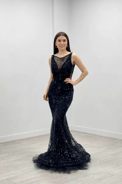 Пайети плат пола тюл подробна рокля - черен