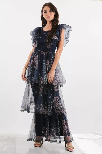 Elb Floral Pattern Maniche Volant Abito Da Sera Lungo