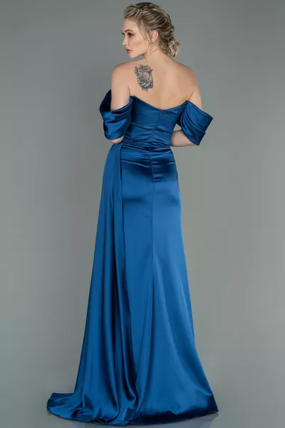 Indigo Boat Collar Slit Long Satin Evening Dress 