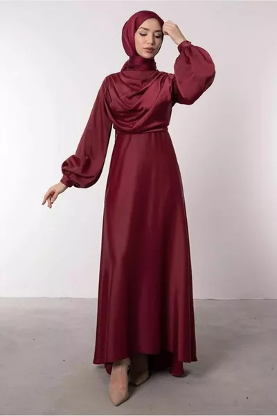 KADIN BORDO SATEN ABİYE ELBİSE T 