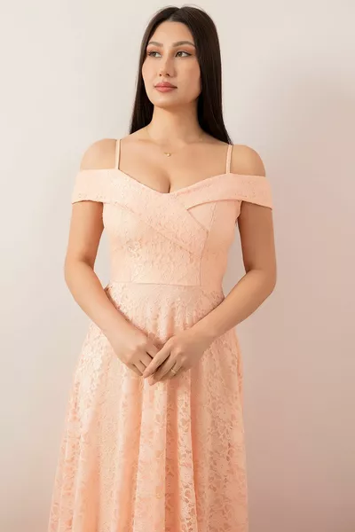 Madonna Long Lace Evening Dress with Neck Straps 