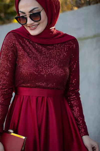 Sequin Robe Satin Hijab Evening Dress-Burgundy