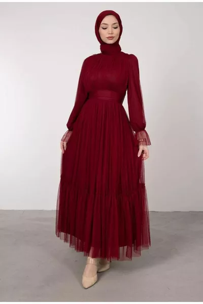 Durchgehende Hijab-Abendkleider mit Tüllfalten und Rüschen