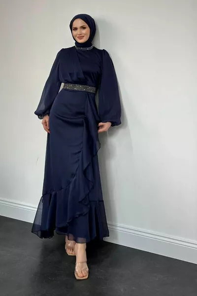 Efruz Janjan Önü فستان سهرة كشكش أزرق كحلي