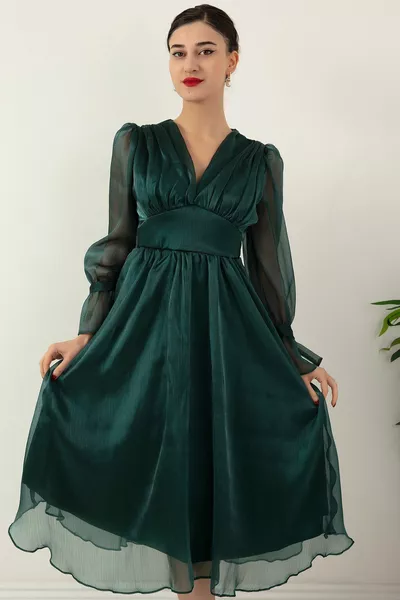 الخامس الرقبة الأكمام التفاصيل بريق الشيفون ميدي مساء اللباس 