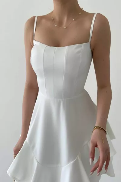 Cotton Atlas Fabric Thin Strap Skirt Fold Detail White Mini Evening Dress Baby 