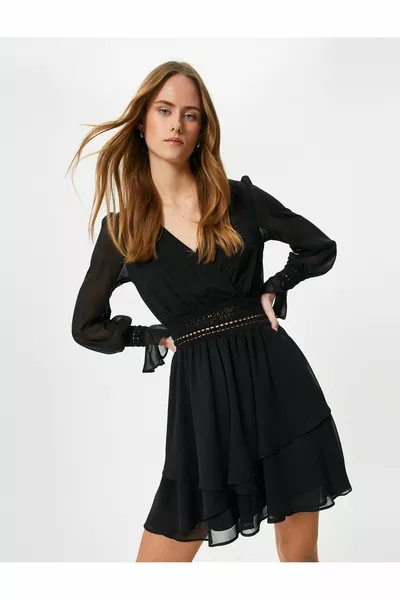 Tüll-Minikleid Zweireihiger Kragen Häkeldetail Langarm Gefüttert