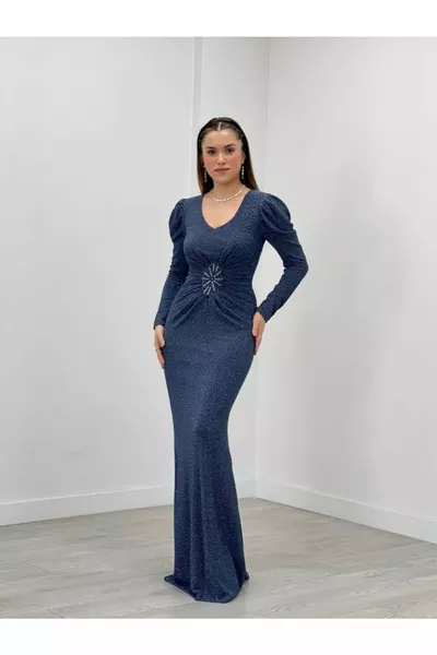 نسيج لامع مطرز برباط مفصل حورية البحر اللباس - أزرق نيلي