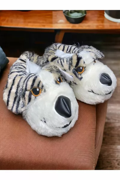 Women's Zebra Beige Fluffy Dog Figure Orthopedic Silent Sole Luxury Winter Home Panduf Shoes