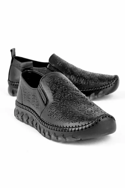 Frauen Schwarz Echtleder Gel Orthopädisch Dick Casual Sohle Schnürsenkellos Casual Walking Ballerinas Mutter Schuhe