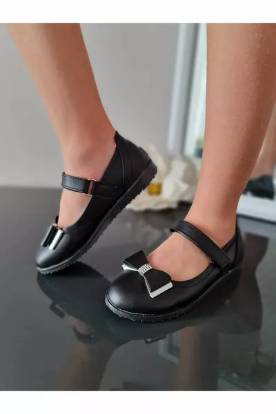 Детайл на лъка, черен, ортопедичен, детски балетки, празнични, церемониални, сватбени, училищни обувки