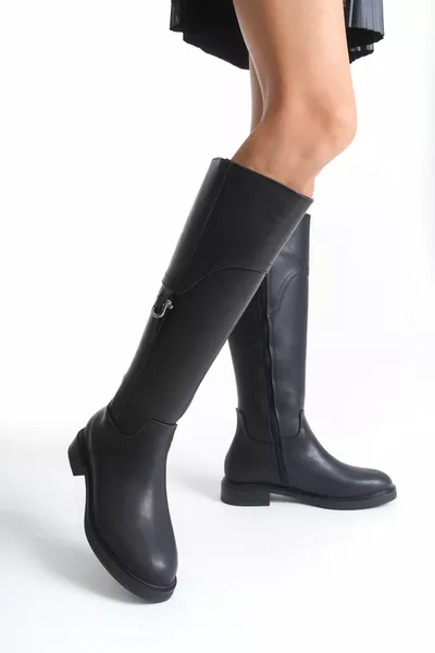 Rider Buckle Detailed Non Slip Sole Zipper Black Women's Boots