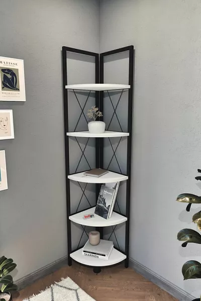 Метален ъглов библиотечен рафт с 5 нива, декоративен рафт, бял