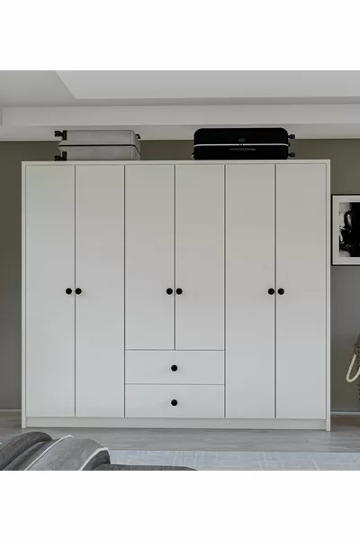 Gm Delüx гардероб с 6 врати, 2 чекмеджета и дръжки с копче