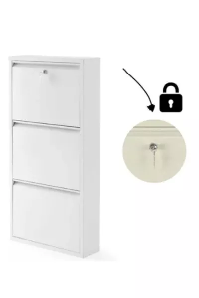 Locked 3-Tier Metal Shoe Rack - White - RAL