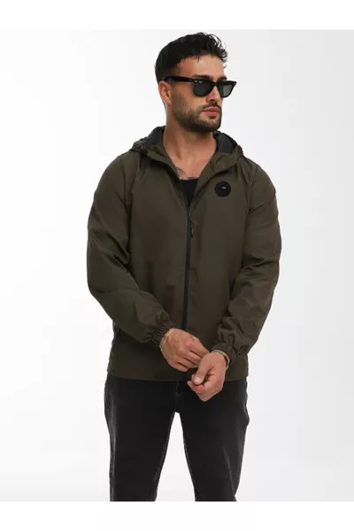 Herren Regenjacke mit Kapuze, Futter in Khaki, Winddicht, mit Taschen