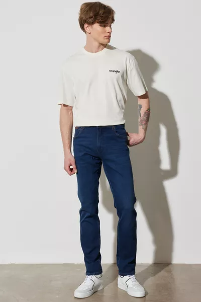 جينز تكساس بقصة ضيقة، خصر عادي، أزرق غامق ومرن