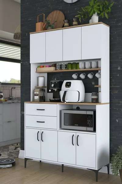 Rani Armadio Multifunzionale 8 Ante 2 Cassetti Dispensa Cucina Bianco - Cesto Noce