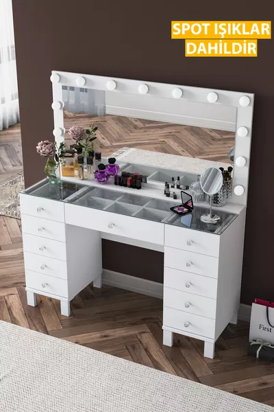 Rani Холивудска огледална тоалетка със светлини, скрин с чекмеджета, организатор за бижута, бяла