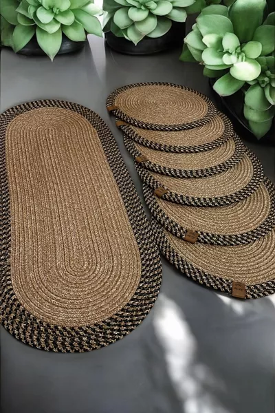 Collection Naturelle Jüt Maste Life Ensemble de 6 Sets de Nappe + Chemin de Table  cm - Set de Service Américain en Paille