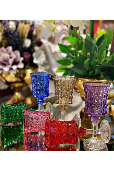 كأس ماء-قهوة جانبي يدوي الصنع 6 ألوان مختلفة - 6 كؤوس ماء كريستالية ملونة بمقابض -(مل)