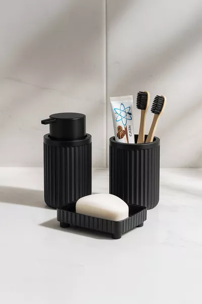 Lines Serie Zwart Badkamer Set, 3-delige Ovale Acryl Zeepdispenser, Borstelhouder en Vloeibare Zeepdispenser Set - 