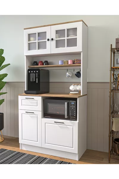 Multipurpose Glass Coffee Corner Cabinet WOOD-WHITE