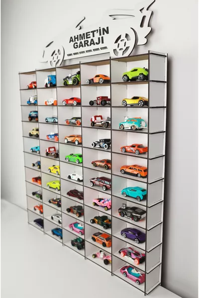 Дървен рафт за автомобил с изображения на кола, бял