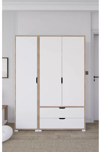 Armadio da camera Nisan noce chiaro-bianco a 3 ante con 2 cassetti - Set di guardaroba