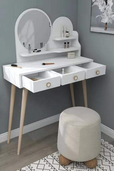 Ruges Çekmeceli Ahşap Ayaklı Aynalı Makyaj Masası, Beyaz - Ruges