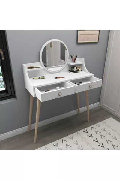 طاولة مكياج مع مرآة وطاولة مكياج ذات أرجل خشبية، اللون أبيض - رويس