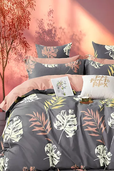 طقم غطاء لحاف مزدوج بمطاط أوراق رمادي  سم