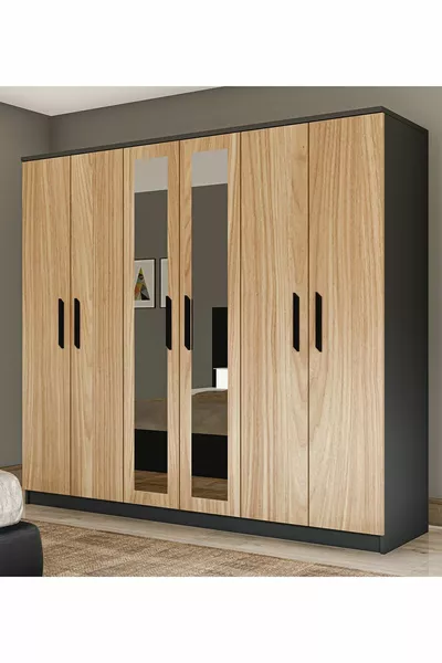 Gm خزانة ملابس بـ 6 أبواب ومرآة، سونوما - رمادي فحمي مع مقابض سوداء