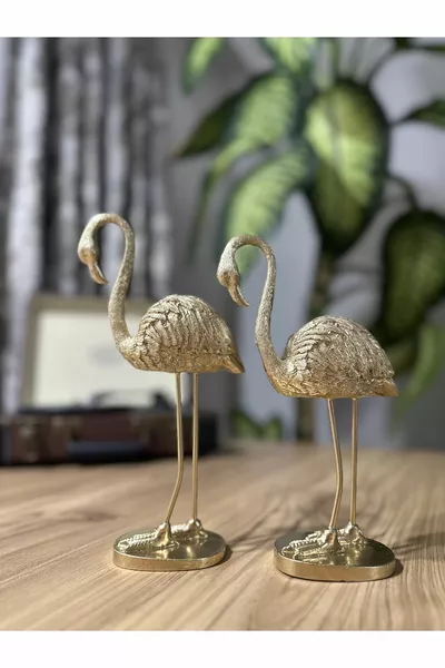 Set of 2 Stylish Decorative Flamingos, Gold Color Decor Object Decoration